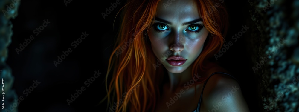 Obraz premium Hyperrealistic Portrait of a Scared Woman with Orange Hair