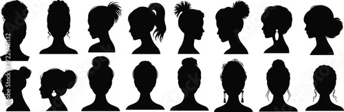 Female silhouettes, hairstyle icons, women profiles, hair textures, beauty graphics, fashion elements, bun styles, ponytails, curly hair, elegant design