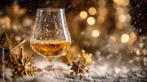 A glass of whiskey sits among golden snowflakes and sparkling decorations, surrounded by falling snow and warm festive lights