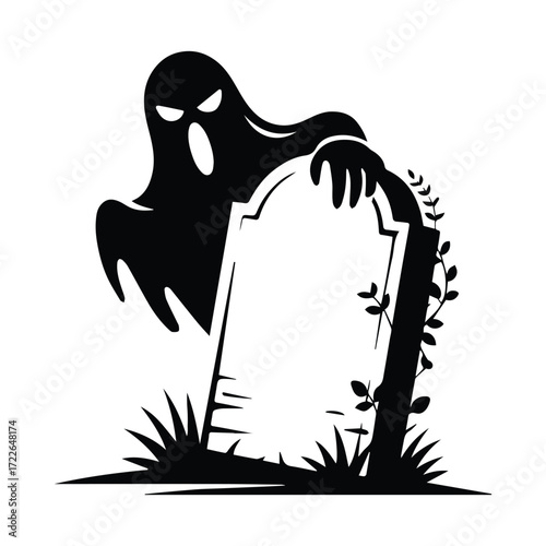Eerie Ghost Emerging from Grave with Tombstone in Black and White Illustration