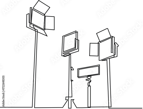 Minimalist one-line drawing of a photography studio setup with clean elegance. On white background.