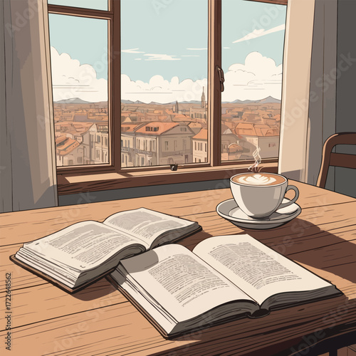 Books and Coffee on a Wooden Table by the Window.
