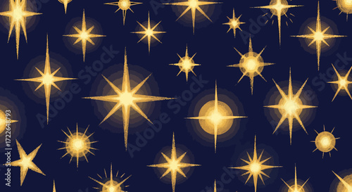 Radiant Golden Starbursts on a Deep Blue Background, Evoking a Festive and Magical Atmosphere