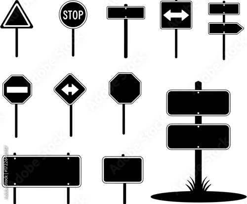 Collection of Road Signs Diverse Traffic and Warning Signage Icons in Black and White