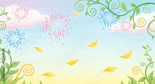 Pastel Fireworks and Leaves Illustration