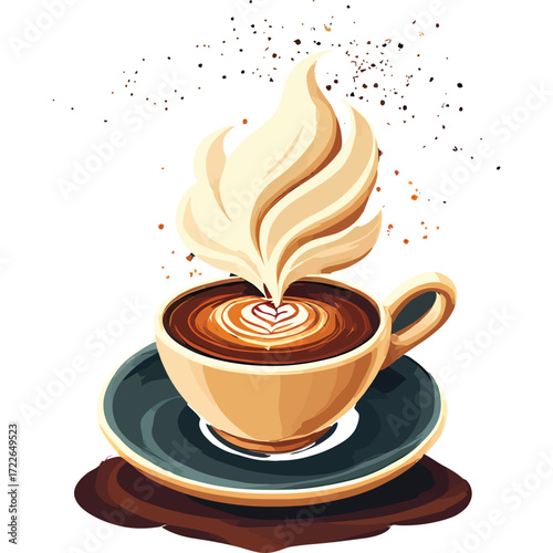 Elegant Coffee Cup with Latte Art and Swirling Steam Illustration.