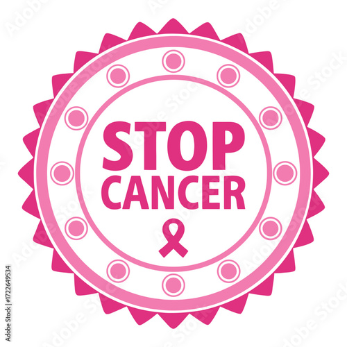 Stop cancer awareness emblem with pink ribbon symbol for health campaigns