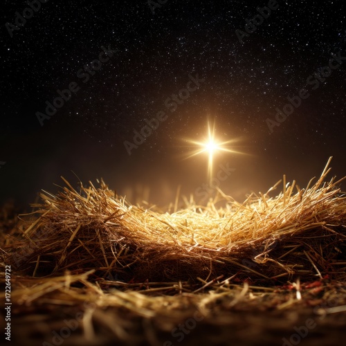 A glowing star shines above an empty straw manger under a starry night sky, evoking a peaceful and spiritual atmosphere