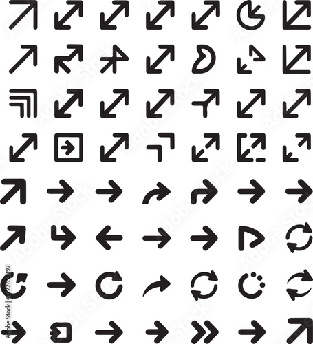 Diverse collection of black directional and navigational icons on a white background