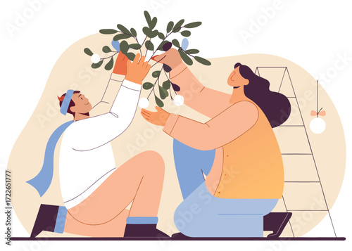 People decorating mistletoe branches with white ornaments green leaves