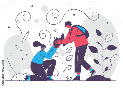 People tending to abstract plants with swirling vines and circles illustration nature