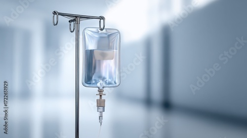 Medical IV Drip Bag on Stand in Bright Hospital Environment