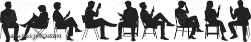 Phone user silhouettes, seated figures, mobile device icons, chair poses, tech engagement, digital habits, modern lifestyle, black outlines, posture variations