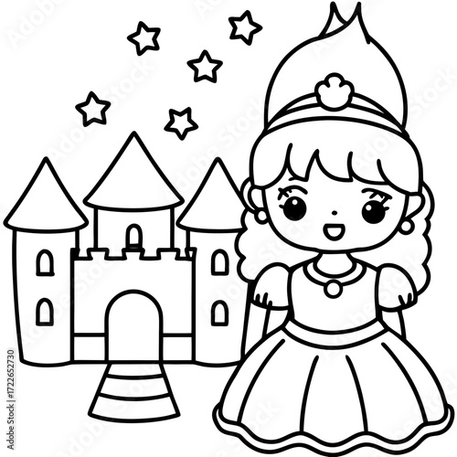 An illustrated cartoon drawing of a little princess in a beautiful dress standing next to a fairy tale castle