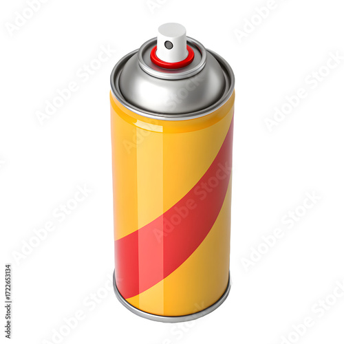 Yellow spray paint can with red stripe isolated on black background