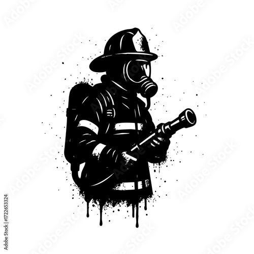 Firefighter in Action with Fire Hose, Spray Paint Style