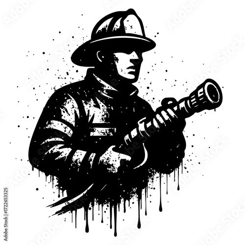 Firefighter Silhouette with Hose in Vector Style