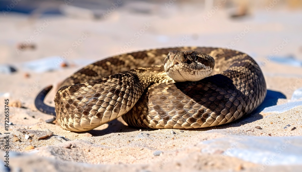 Naklejka premium A coiled rattlesnake in sandy terrain