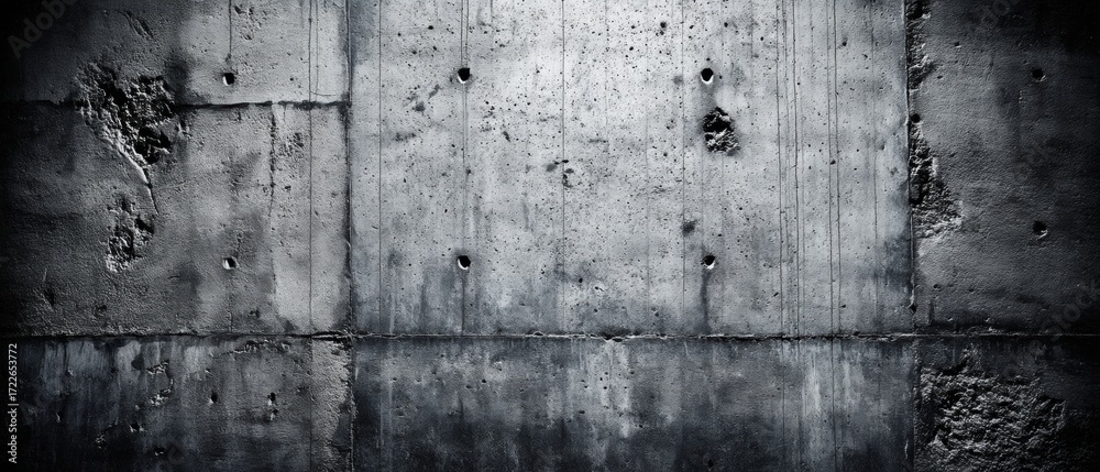 Fototapeta premium Rough, aged concrete wall with visible seams, cracks, and textures in a dark, industrial setting