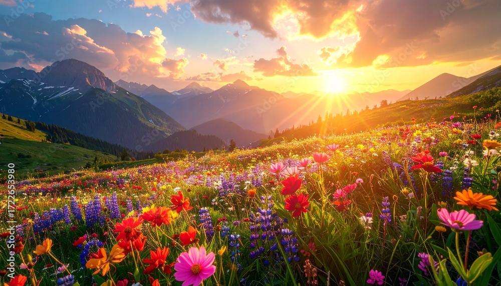 Obraz premium Vibrant wildflower meadow in full bloom with colorful flowers, majestic mountains, and a golden sunrise creating a breathtaking natural landscape.