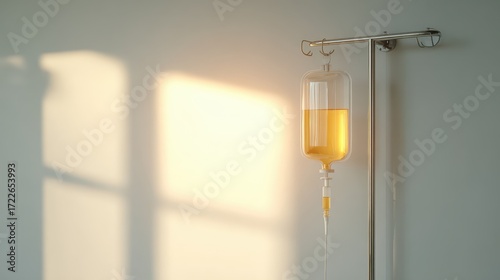 Intravenous Bag with Yellow Solution in Soft Morning Light