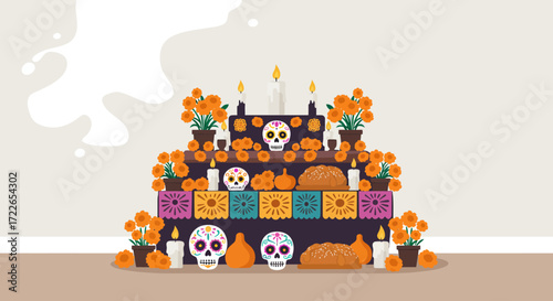 A charming flat design vector illustration depicting a traditional Day of the Dead Ofrenda, featuring essential elements like marigolds, candles, pan de muerto, and Calaveras.