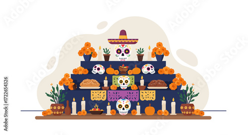 A charming flat design vector illustration depicting a traditional Day of the Dead Ofrenda, featuring essential elements like marigolds, candles, pan de muerto, and Calaveras.