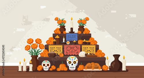 A charming flat design vector illustration depicting a traditional Day of the Dead Ofrenda, featuring essential elements like marigolds, candles, pan de muerto, and Calaveras.