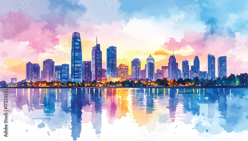 beautiful watercolor scene of a city skyline at twilight, with the sky transitioning from day to night in a blend of soft colors, building city watercolor