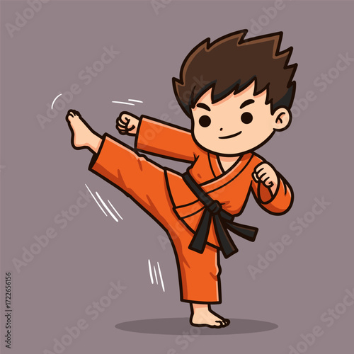 A focused person performing a high kick in an orange martial arts uniform with a black belt, showing strength, skill, and determination in a dynamic pose.