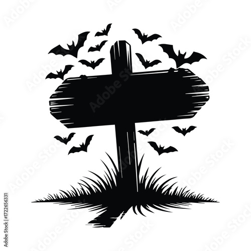 Halloween Spooky Sign with Bats Silhouette Black and White Isolated Illustration for Decoration