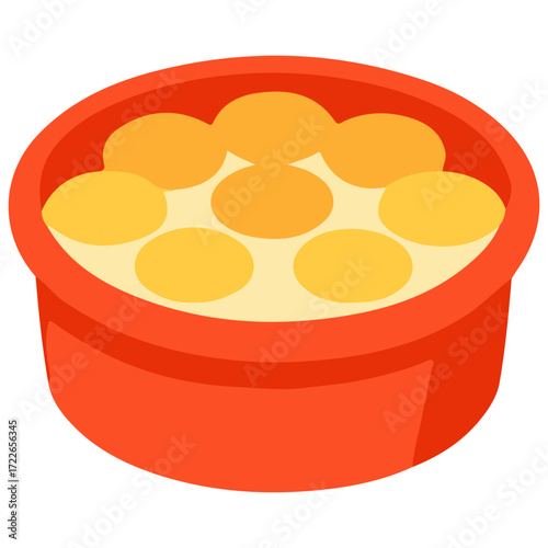 Yellow egg custard in red bowl, baked dessert illustration perfect for breakfast or sweet themes.

