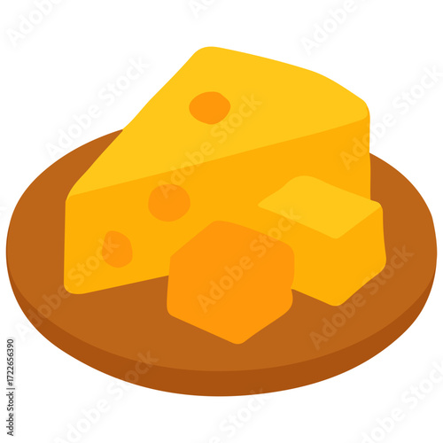 Yellow cheese wedges on plate, dairy product illustration perfect for breakfast or snack themes.

