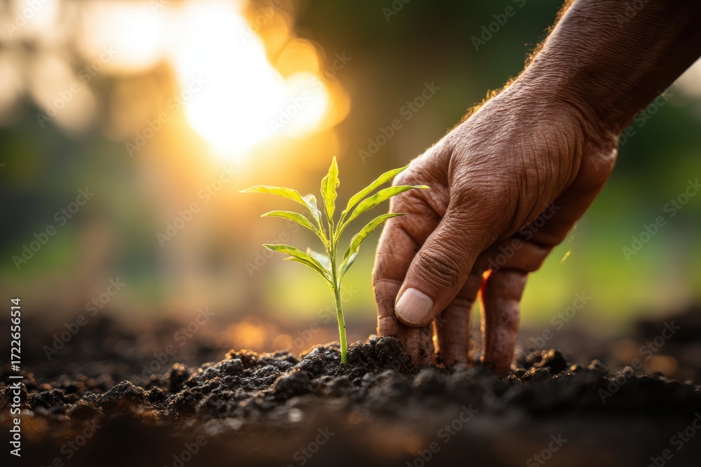 Fototapeta premium A hand gently plants a young green seedling into rich soil at sunrise, symbolizing growth, care, and a sustainable future