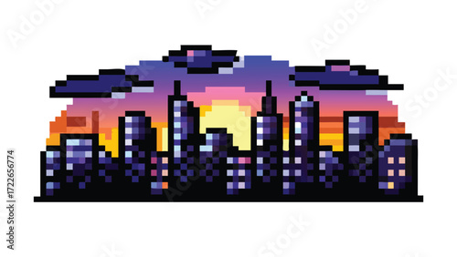 City Skyline Background 8-Bit Pixel Art. Retro Urban Game Scene