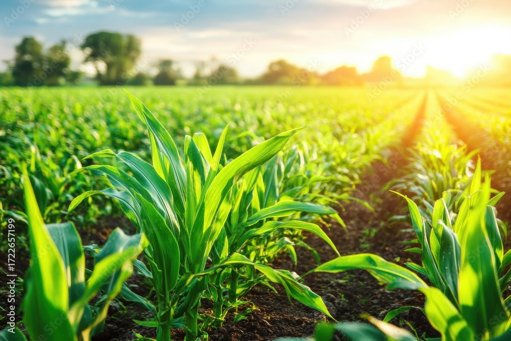 Obraz premium A vibrant green cornfield stretches toward the horizon under a bright, sunny sky, representing growth and the beauty of agriculture