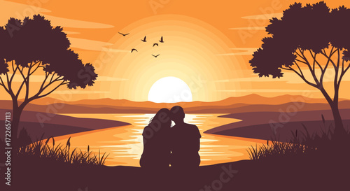 Serene vector landscape capturing a loving couple's silhouette enjoying a magnificent sunset over a peaceful river, embodying romance and calm