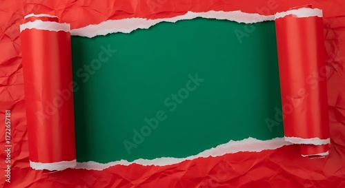 Torn Red Crumpled Paper Revealing Green Background.