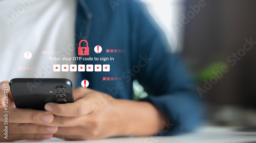Person holding smartphone with OTP code entry warning, concept of phishing, online fraud, and cybersecurity threats