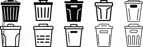 Trash can icons, waste bin graphics, garbage container silhouettes, minimal design, lid styles, disposal symbols, clean lines, UI elements, sanitation visuals, bin shapes