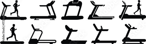 Treadmill icons, running silhouettes, fitness equipment, gym machines, workout graphics, walking figures, exercise tools, cardio symbols, training visuals, black outlines