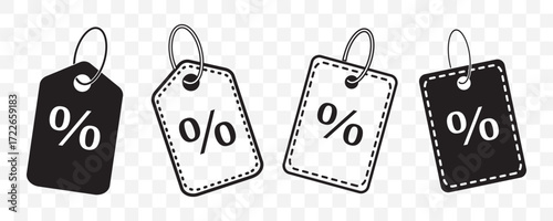 Shopping tag, discount coupon, label with percentage symbol, low price.