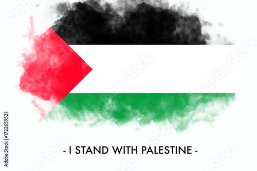 Palestine flag with smoke texture and text “I Stand With Palestine”, strong message of support and unity.