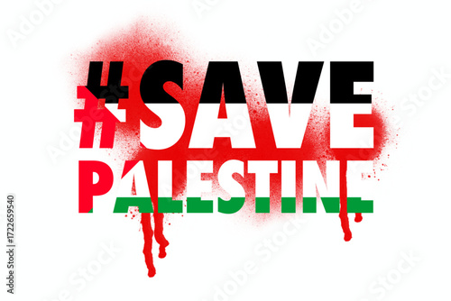 Typography design “Save Palestine” with red spray paint effect, symbol of hope, justice, and solidarity.