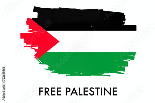 Artistic brush stroke effect with Palestine flag and text “Free Palestine”, symbol of resistance and freedom.