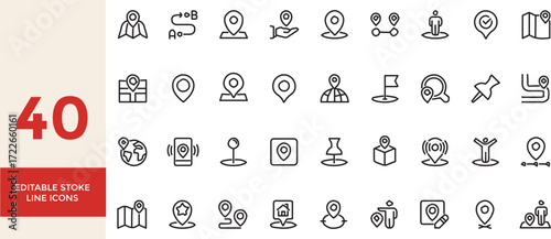 Collection of forty editable stroke line icons related to maps and locations