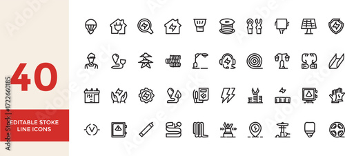 Collection of Forty Editable Stroke Line Icons Representing Electrical and Energy Concepts