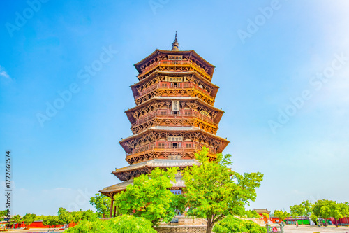 Beautiful scenery of the Wooden Pagoda in Ying County, Shuozhou City, Shanxi Province on a sunny day