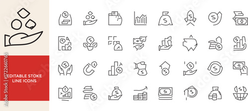 Editable Stroke Line Icons Featuring Finance Investment and Economic Growth Concepts