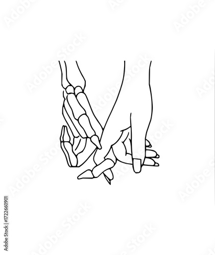 Symbolic skeletal hand clasps human hand, representing duality, connection, or the supernatural in minimalist line art style